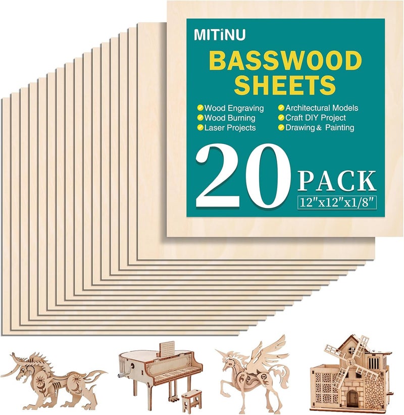 MITINU 20 Pack Basswood Sheets for Crafts,12"x12"x1/8" 3mm Thick Plywood Sheets with Smooth Surfaces-Unfinished Squares Wood Boards for Laser Cutting, Wood Burning, Architectural Models, Staining - Image 1